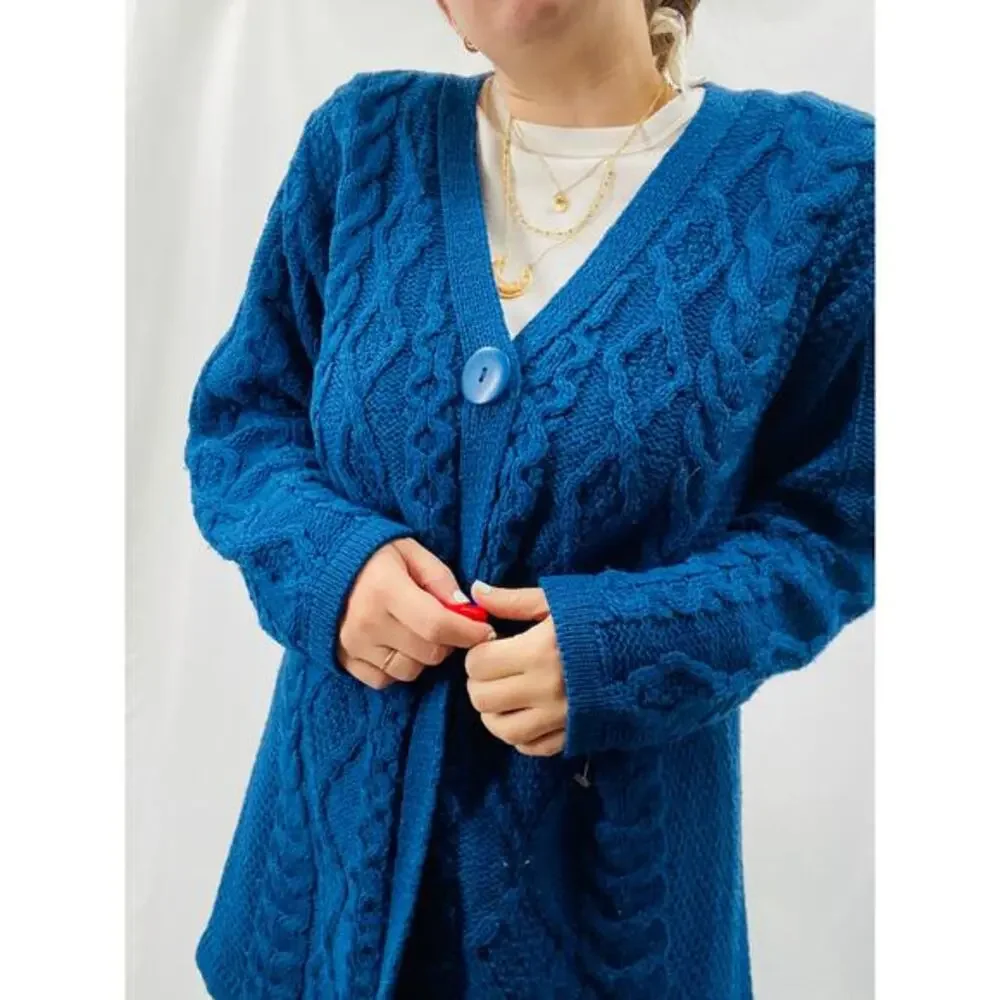 Arancrafts L blue 100% wool cable‎ knit single button long cardigan sweater